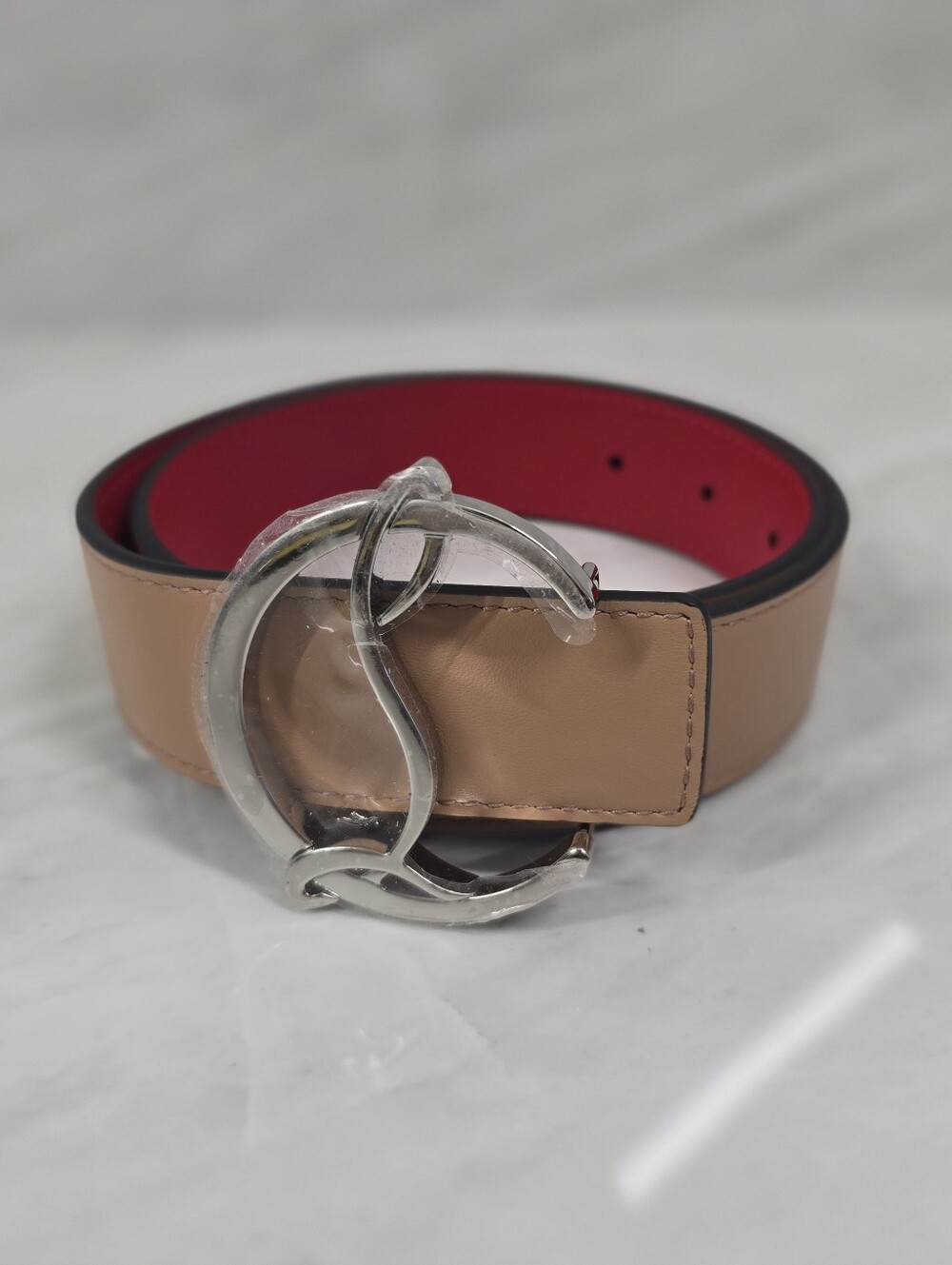 Christian Louboutin Tan Leather Belt with Red Interior and Silver Loop Buckle
